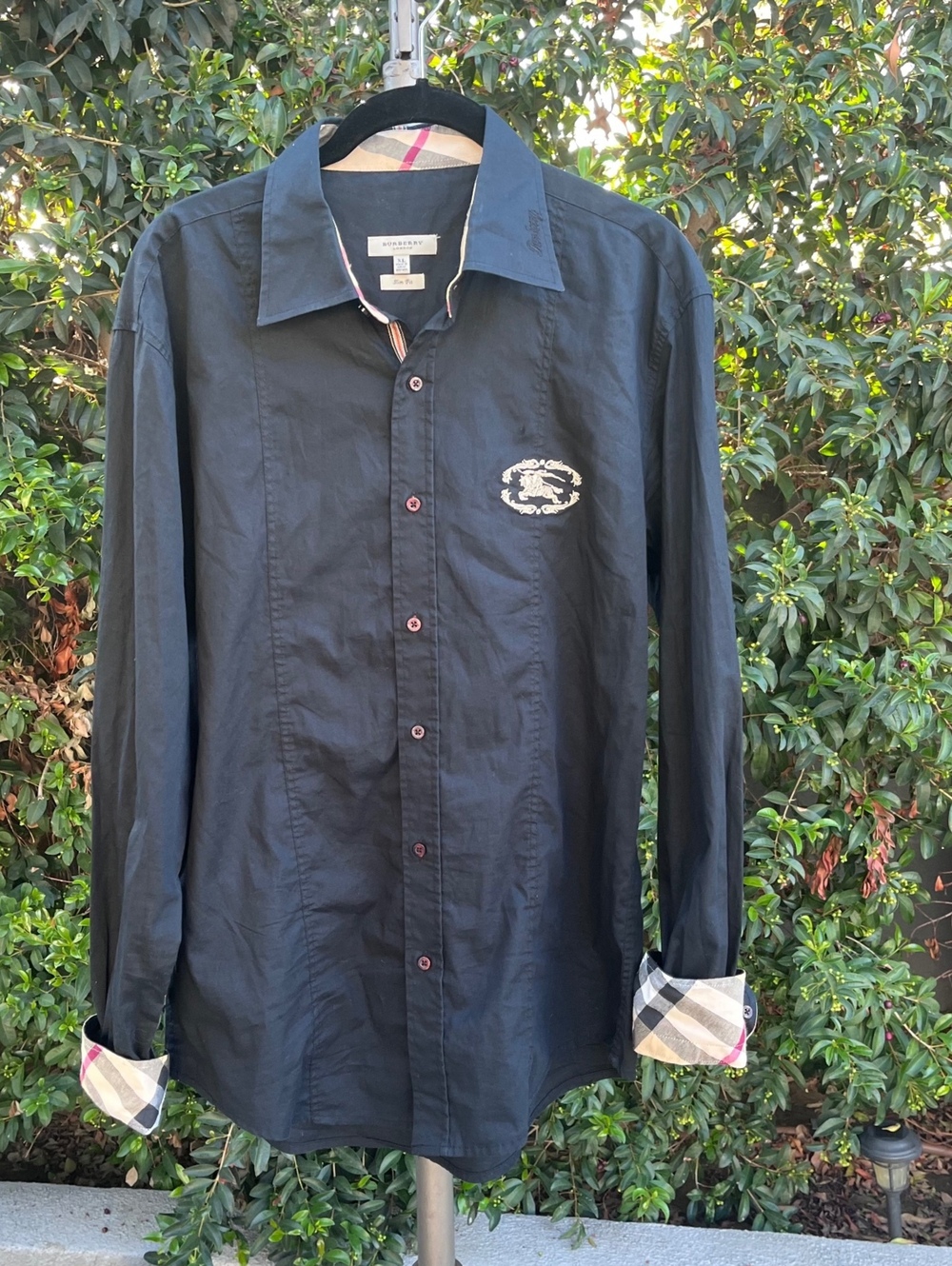 Burberry London Vintage Black Shirt XL Slim Fit Check Cuffs Made in Britain